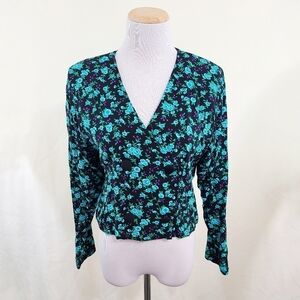 Vintage O-Zone floral crop top aqua black double breasted